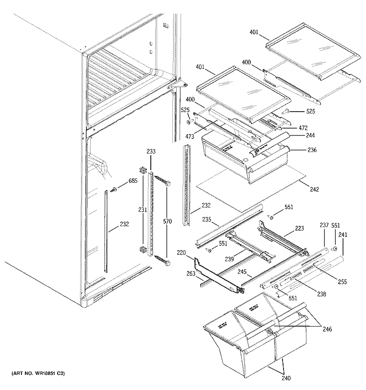 FRESH FOOD SHELVES Diagram and Parts List for GTS18KHPARWW  General Electric Refrigerator