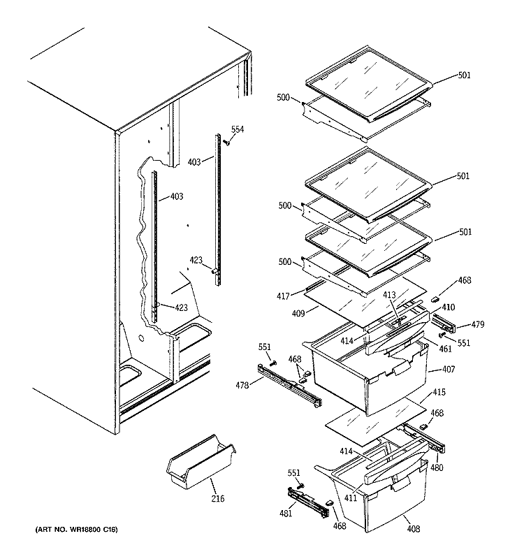 FRESH FOOD SHELVES Diagram and Parts List for DSS25JFPDWW  General Electric Refrigerator