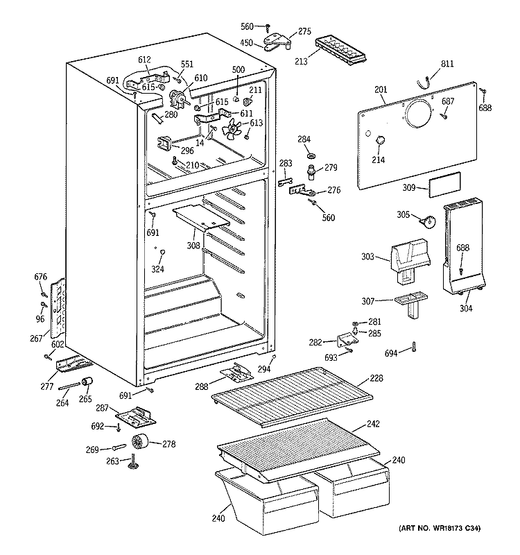CABINET Diagram and Parts List for GTR18ABMERWW  General Electric Refrigerator