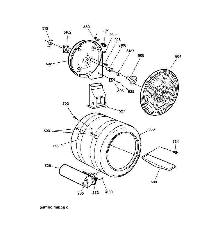 DRUM Diagram and Parts List for DPSB613GD0WW  General Electric Dryer