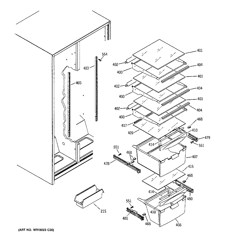 FRESH FOOD SHELVES Diagram and Parts List for GSS20IBPCWW  General Electric Refrigerator
