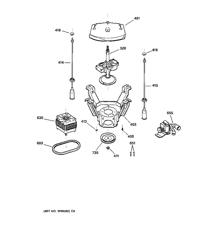 SUSPENSION, PUMP & DRIVE COMPONENTS Diagram and Parts List for WBSE6210B5WW  General Electric Washer
