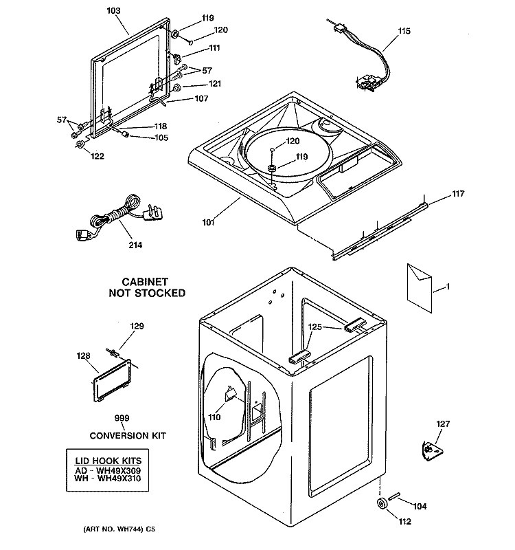 TOP & CABINET PARTS Diagram and Parts List for WSKP2060W2WH  General Electric Washer