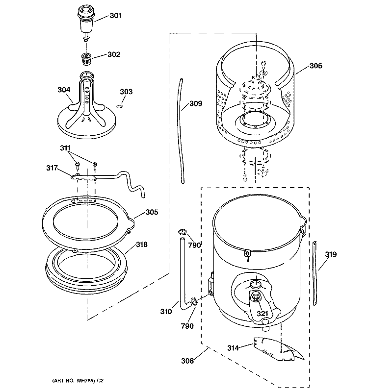 TUB, BASKET & AGITATOR Diagram and Parts List for WSKS2060W2WH  General Electric Washer