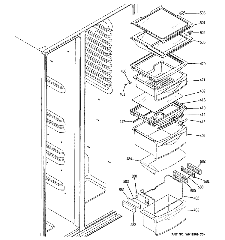 FRESH FOOD SHELVES Diagram and Parts List for GSC23LSPASS  General Electric Refrigerator