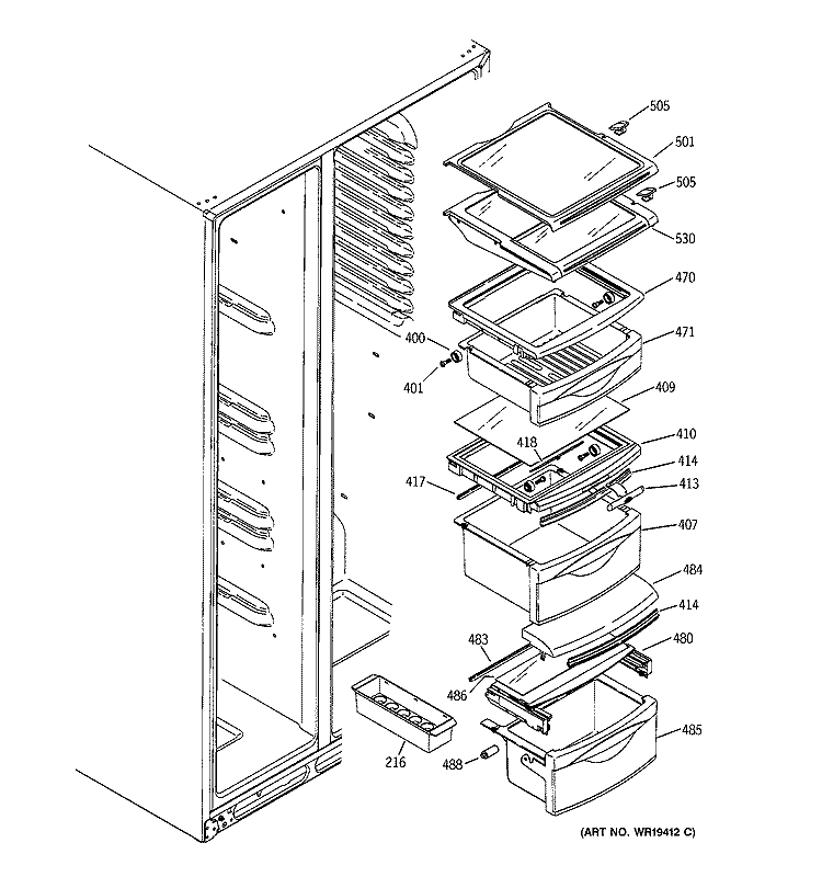 FRESH FOOD SHELVES Diagram and Parts List for GSK25LCNCCCC  General Electric Refrigerator