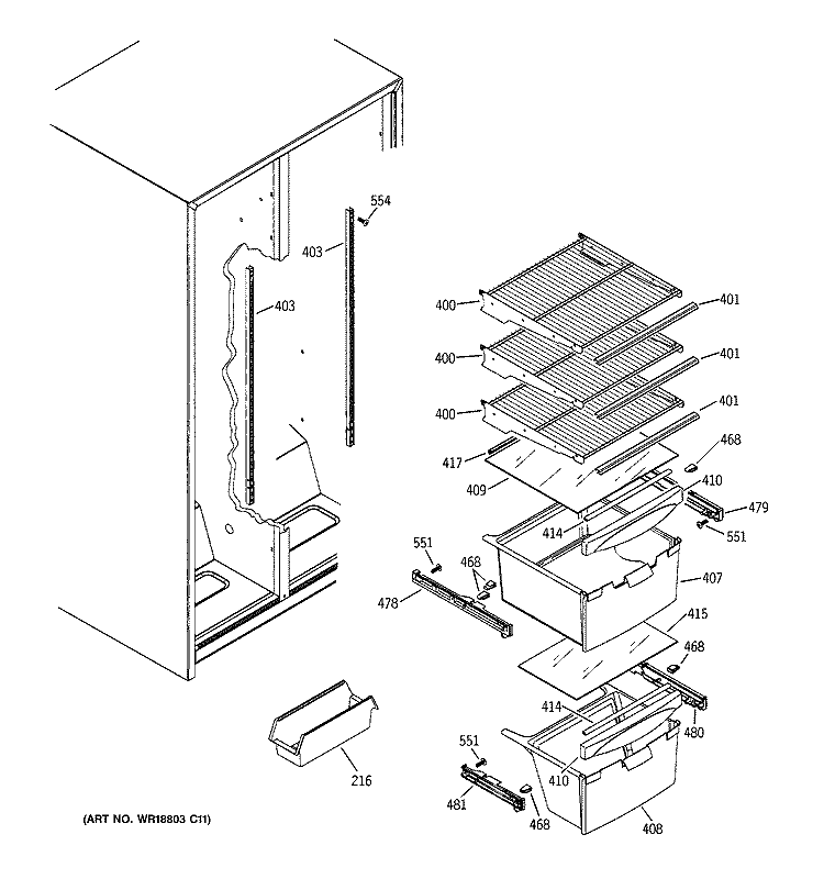 FRESH FOOD SHELVES Diagram and Parts List for GST20DBPCCC  General Electric Refrigerator