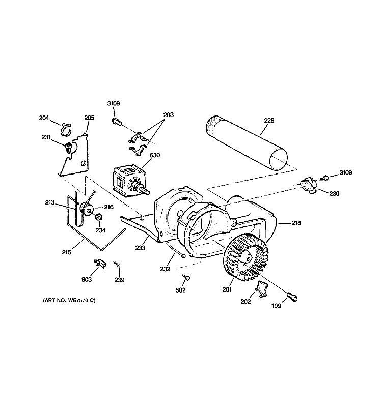 BLOWER & DRIVE ASSEMBLY Diagram and Parts List for DCCB330ED0WC  General Electric Dryer