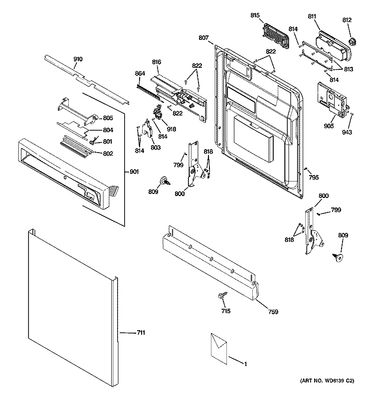 ESCUTCHEON & DOOR ASSEMBLY Diagram and Parts List for PDW8510J00WW  General Electric Dishwasher