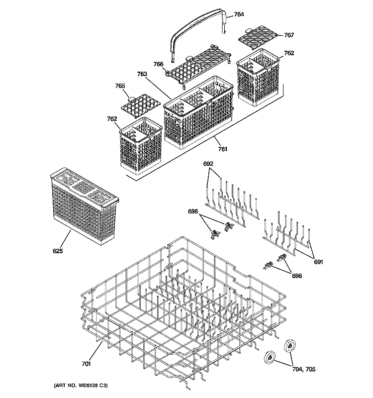 LOWER RACK ASSEMBLY Diagram and Parts List for PDW8600J00BB  General Electric Dishwasher