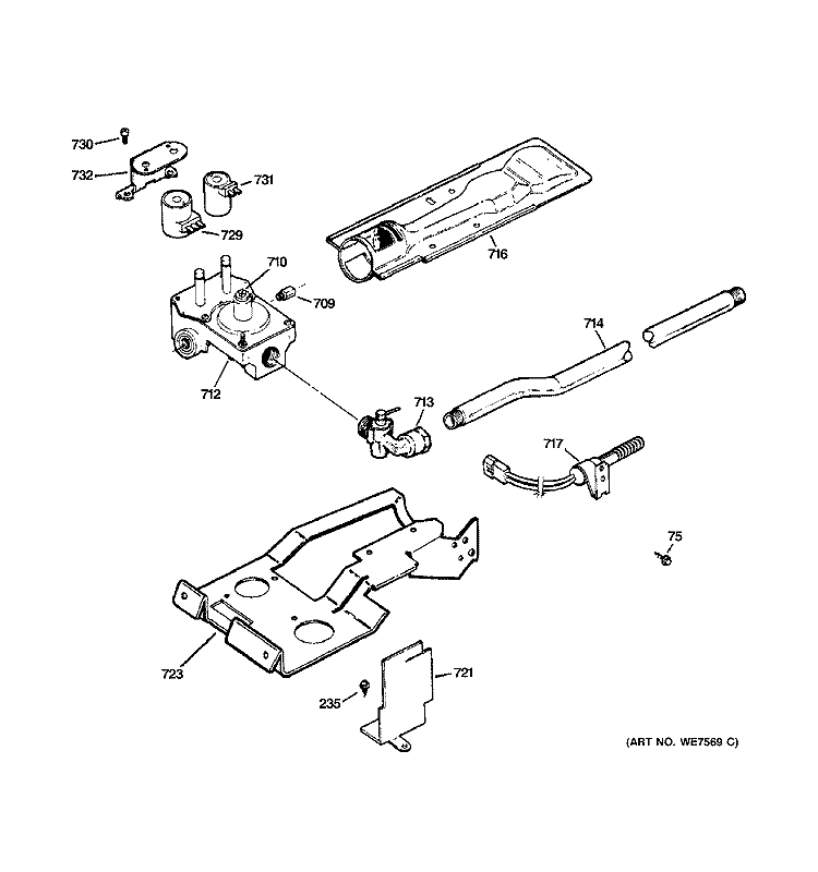 GAS VALVE & BURNER ASSEMBLY Diagram and Parts List for DCCB330GD0WC  General Electric Dryer