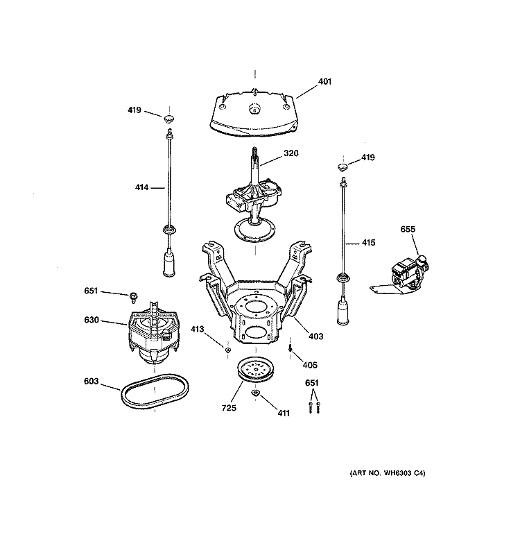 SUSPENSION, PUMP & DRIVE COMPONENTS Diagram and Parts List for WCCB1030D0WC  General Electric Washer