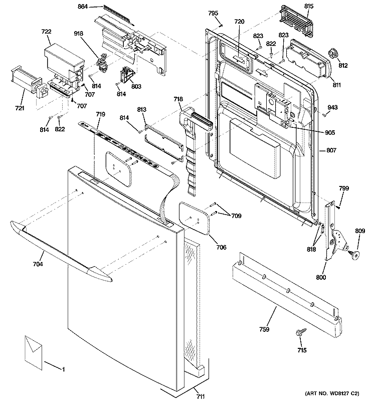 ESCUTCHEON & DOOR ASSEMBLY Diagram and Parts List for PDW9200J00BB  General Electric Dishwasher