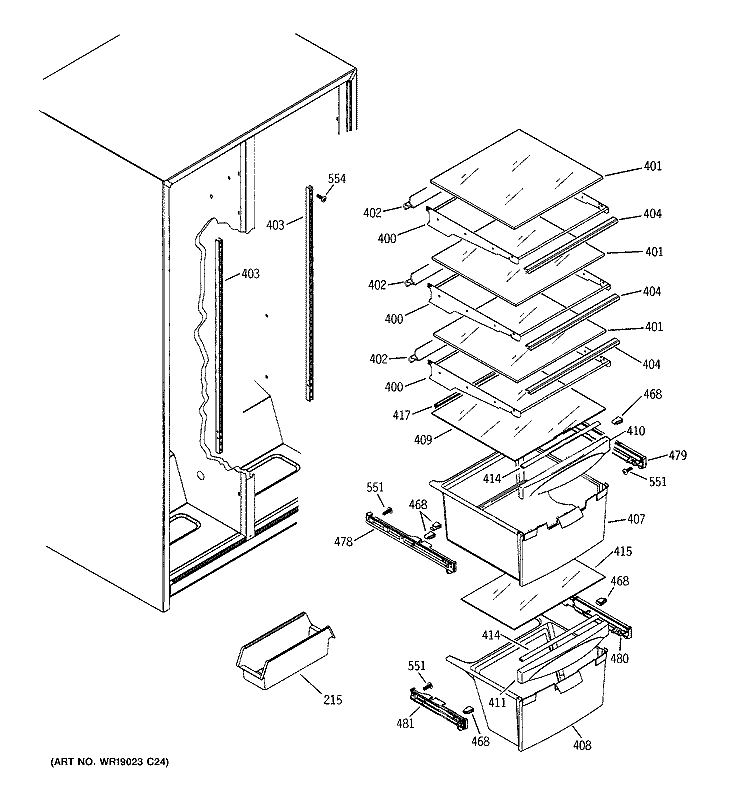 FRESH FOOD SHELVES Diagram and Parts List for RSG22IBPCFWW  General Electric Refrigerator