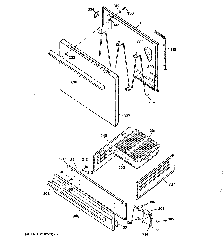 DOOR & DRAWER PARTS Diagram and Parts List for RGB508PEH1CT  Hotpoint Range