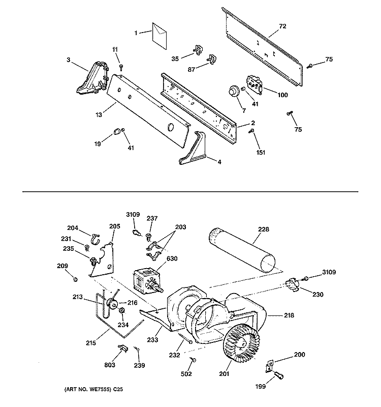 BACKSPLASH, BLOWER & MOTOR ASSEMBLY Diagram and Parts List for NBXR463GB1WW  Hotpoint Dryer