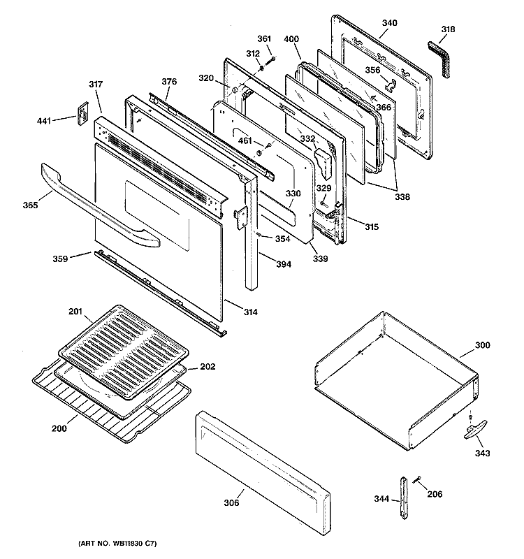 DOOR & DRAWER PARTS Diagram and Parts List for JGBP35GXH1WW  General Electric Range