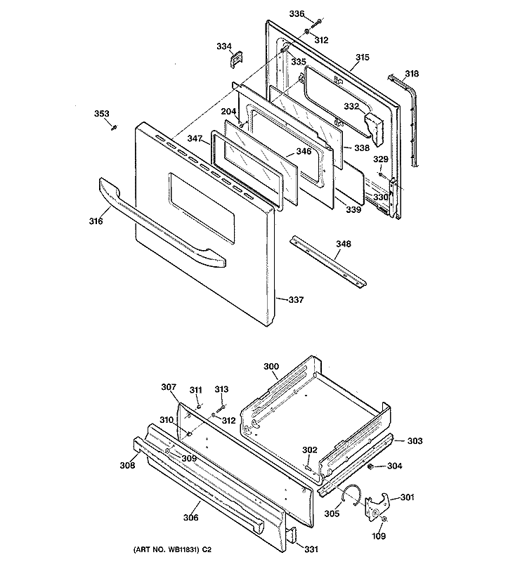 DOOR & DRAWER PARTS Diagram and Parts List for JGBS21HEH1WW  General Electric Range