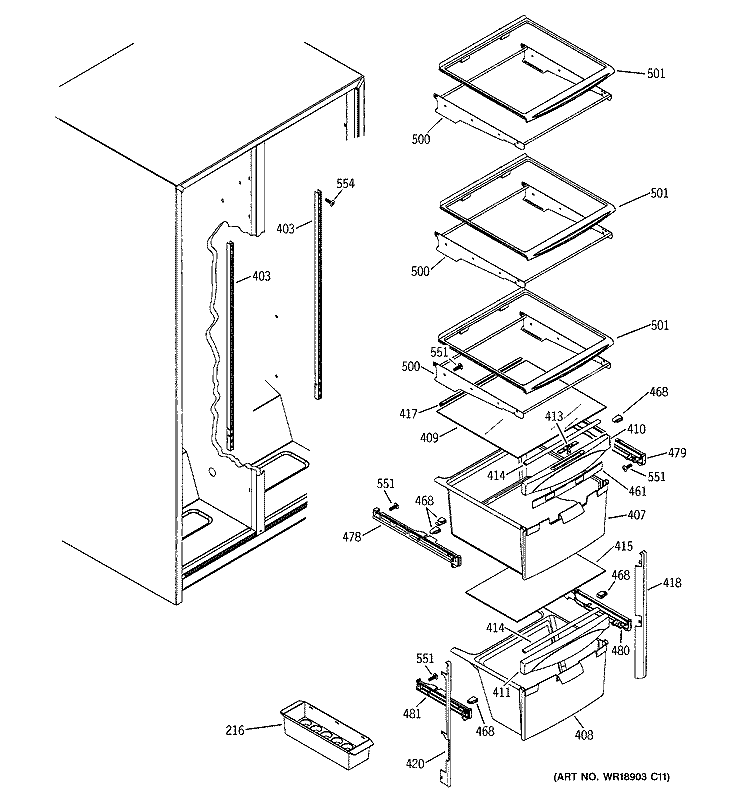FRESH FOOD SHELVES Diagram and Parts List for GSG22KEPCFWW  General Electric Refrigerator