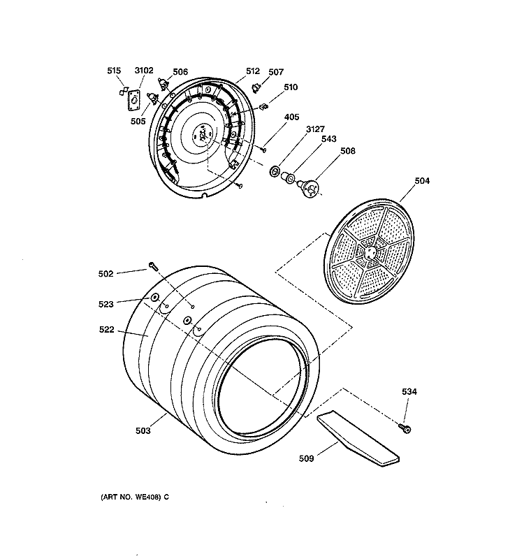 DRUM Diagram and Parts List for DPSB613ED1CC  General Electric Dryer