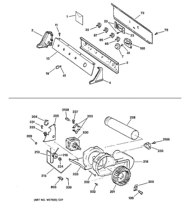 BACKSPLASH, BLOWER & MOTOR ASSEMBLY Diagram and Parts List for DWSR405EB2WW  General Electric Dryer