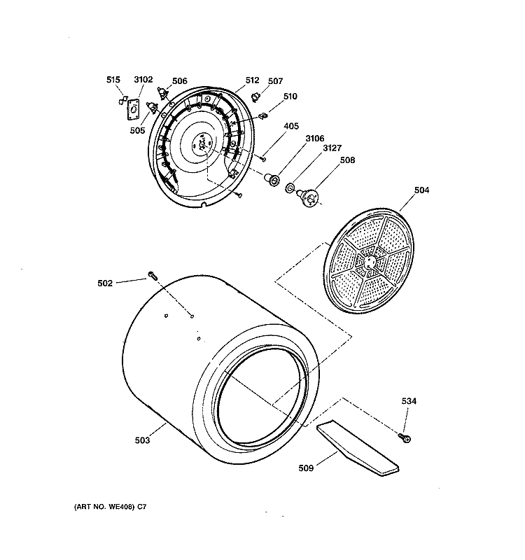DRUM Diagram and Parts List for DWSR405EB2WW  General Electric Dryer