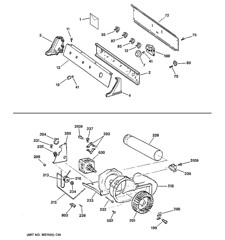 BACKSPLASH, BLOWER & MOTOR ASSEMBLY Diagram and Parts List for DWSR483EB1WW  General Electric Dryer