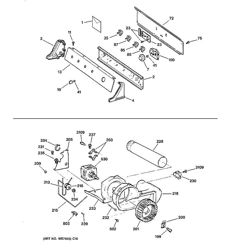 BACKSPLASH, BLOWER & MOTOR ASSEMBLY Diagram and Parts List for DWXR485EB2WW  General Electric Dryer