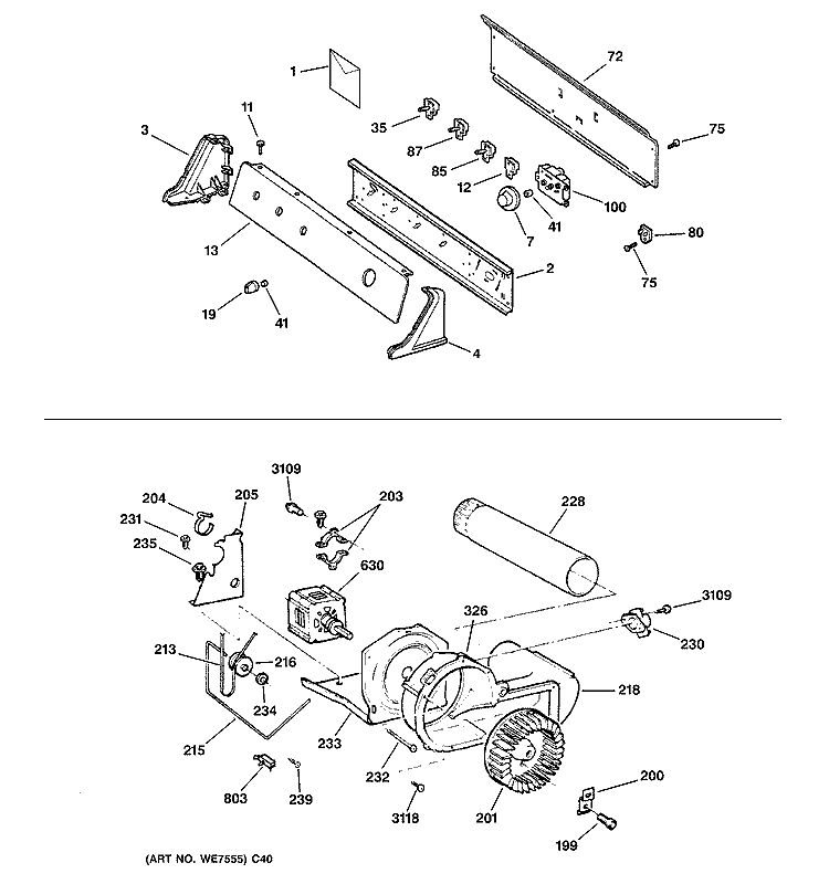BACKSPLASH, BLOWER & MOTOR ASSEMBLY Diagram and Parts List for EED4500D0WW  General Electric Dryer