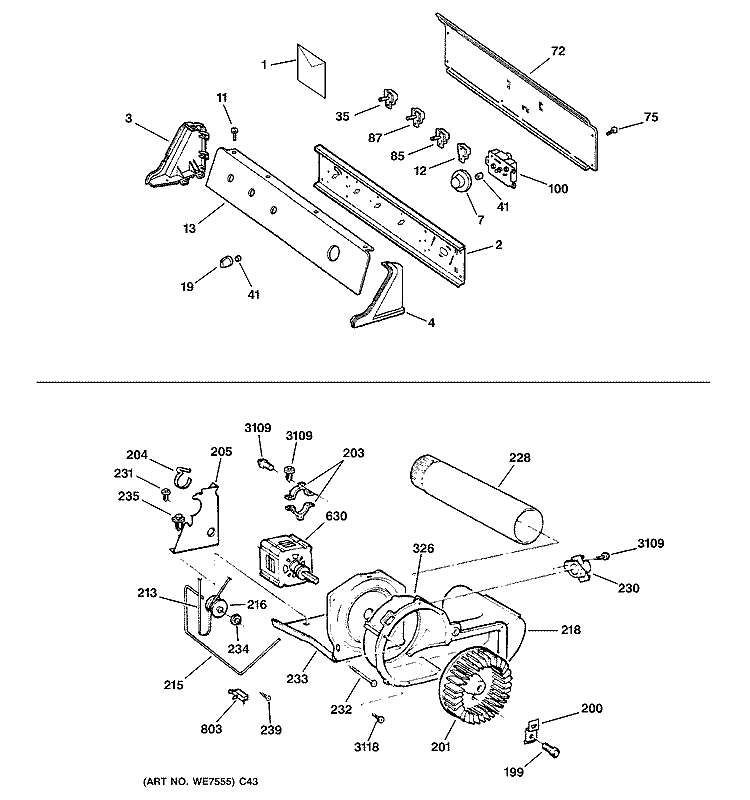BACKSPLASH, BLOWER & MOTOR ASSEMBLY Diagram and Parts List for EGD4500D0WW  General Electric Dryer