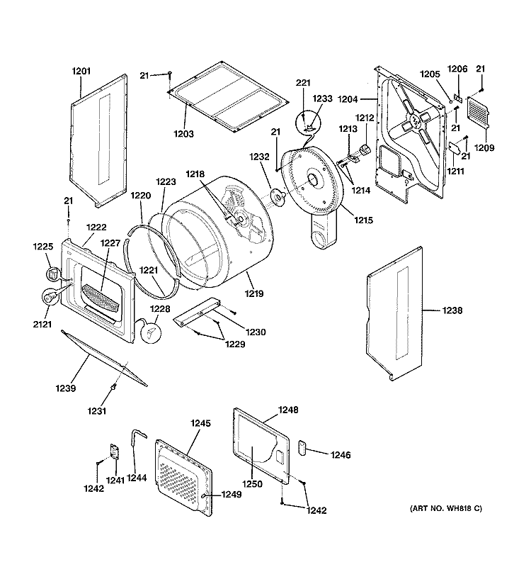 DRYER UPPER CABINET, DRUM & HEATER Diagram and Parts List for WSM2780DAWWW  General Electric Washer Dryer Combo