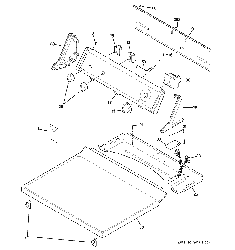CONTROLS & TOP PANEL Diagram and Parts List for DBL333GB6CC  General Electric Dryer