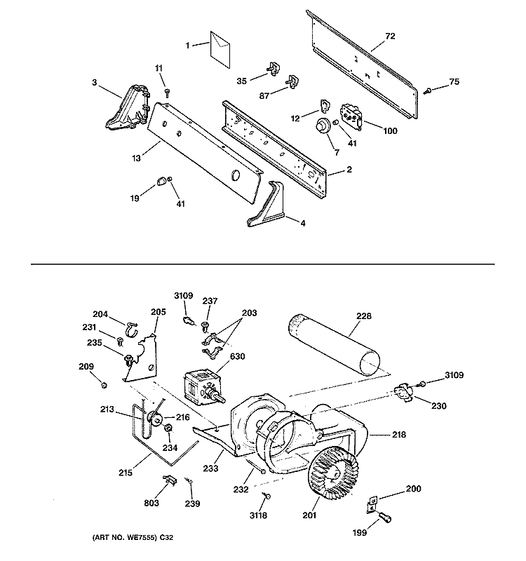 BACKSPLASH, BLOWER & MOTOR ASSEMBLY Diagram and Parts List for DBSR453GB1CC  General Electric Dryer
