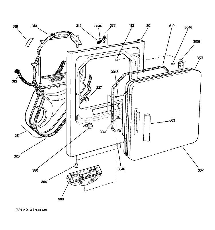 FRONT PANEL & DOOR Diagram and Parts List for DBSR453GB1CC  General Electric Dryer