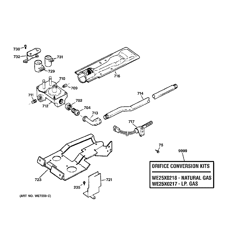 GAS VALVE & BURNER ASSEMBLY Diagram and Parts List for DBSR453GB1CC  General Electric Dryer