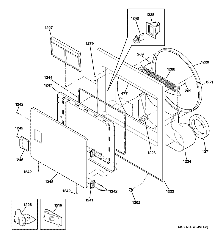 FRONT PANEL & DOOR Diagram and Parts List for DVL223GB6WW  General Electric Dryer