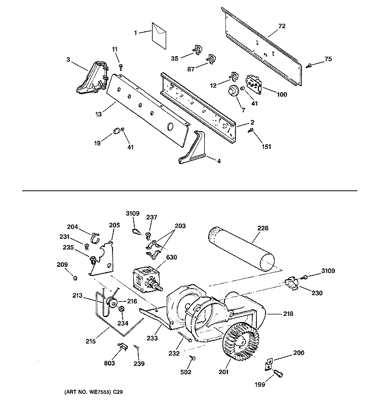BACKSPLASH, BLOWER & MOTOR ASSEMBLY Diagram and Parts List for DWSR483GB1WW  General Electric Dryer