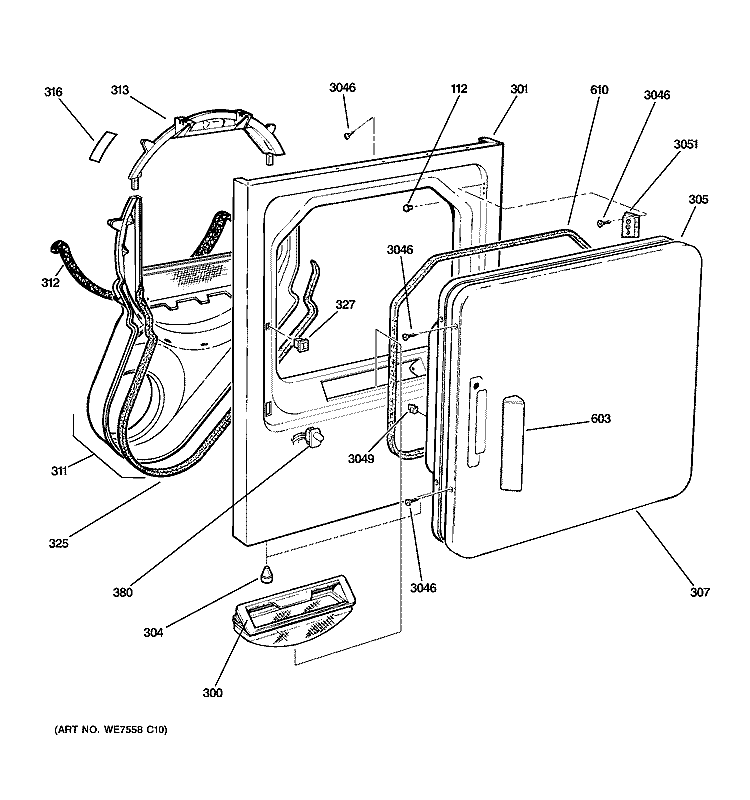 FRONT PANEL & DOOR Diagram and Parts List for DWSR483GB1WW  General Electric Dryer