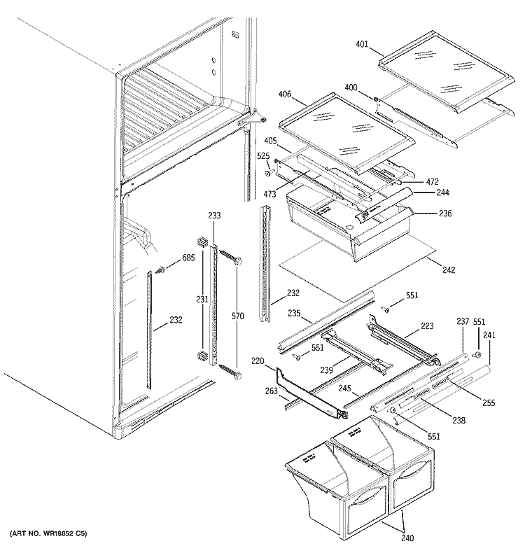 FRESH FOOD SHELVES Diagram and Parts List for GTS19QBPBRBB  General Electric Refrigerator