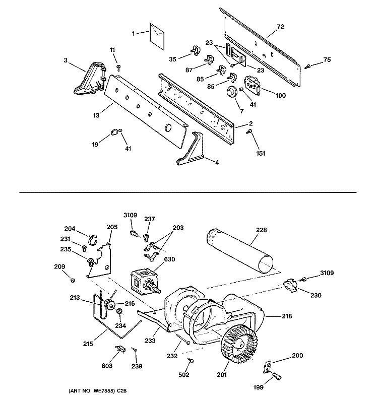 BACKSPLASH, BLOWER & MOTOR ASSEMBLY Diagram and Parts List for DWXR485GB1WW  General Electric Dryer