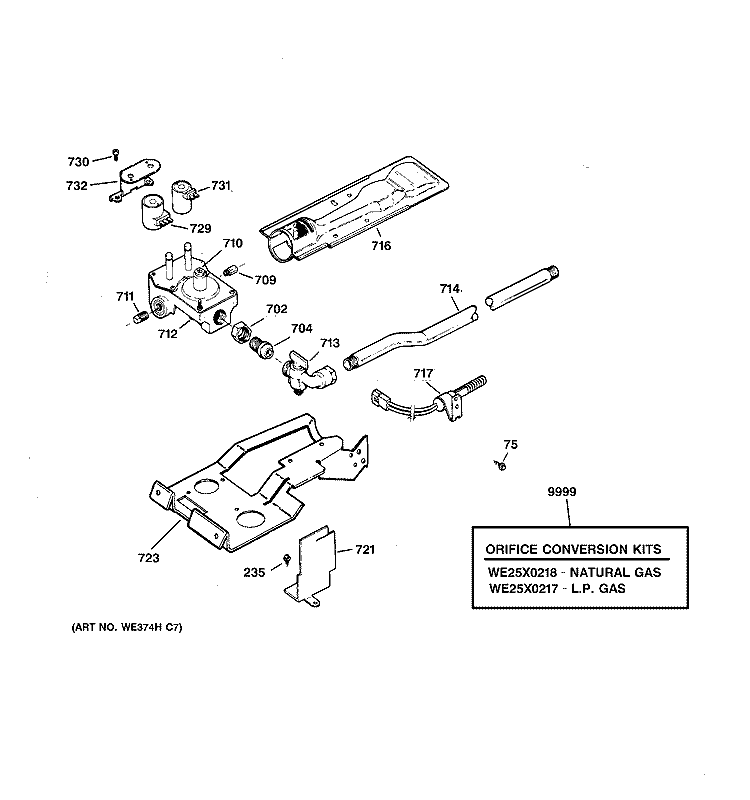 GAS VALVE & BURNER ASSEMBLY Diagram and Parts List for DWXR485GB1WW  General Electric Dryer