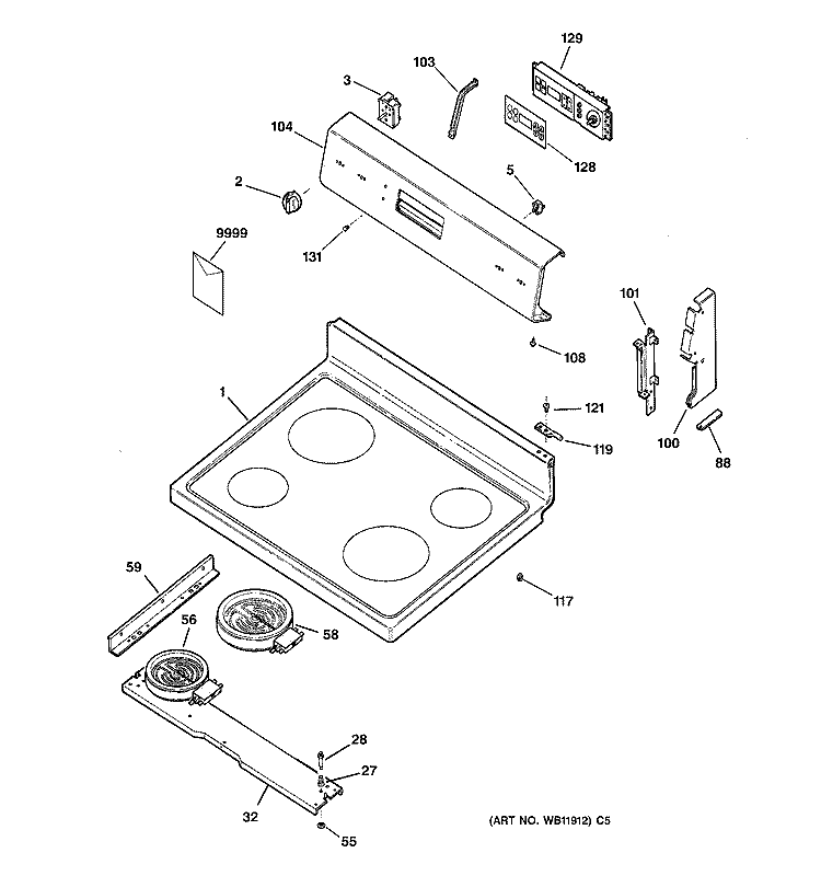 CONTROL PANEL & COOKTOP Diagram and Parts List for JBP60BH1WH  General Electric Range
