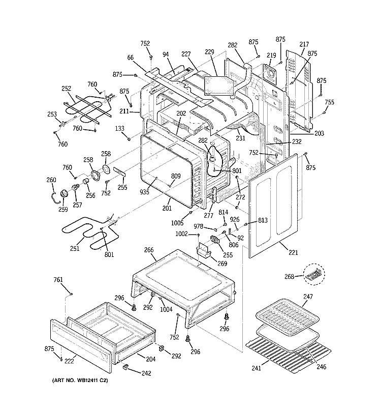 BODY PARTS Diagram and Parts List for JBP78DH1BB  General Electric Range