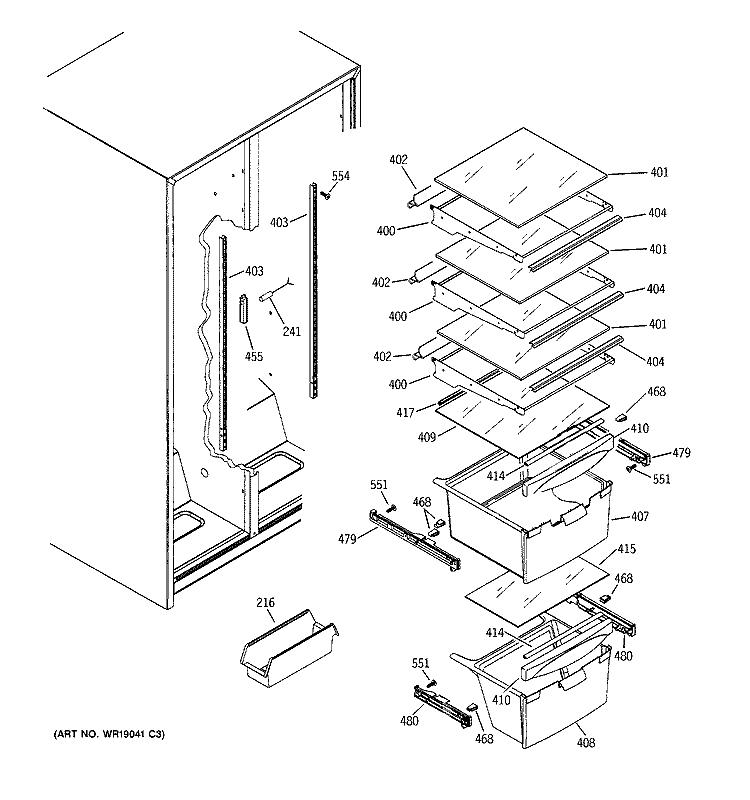 FRESH FOOD SHELVES Diagram and Parts List for GST20IBMDCC  General Electric Refrigerator
