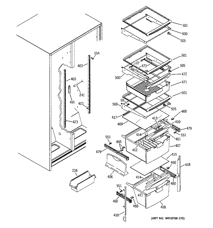 FRESH FOOD SHELVES Diagram and Parts List for GSS22QGMDWW  General Electric Refrigerator
