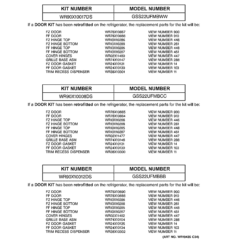 REPLACEMENT PARTS LIST Diagram and Parts List for GSS22UFMBCC  General Electric Refrigerator