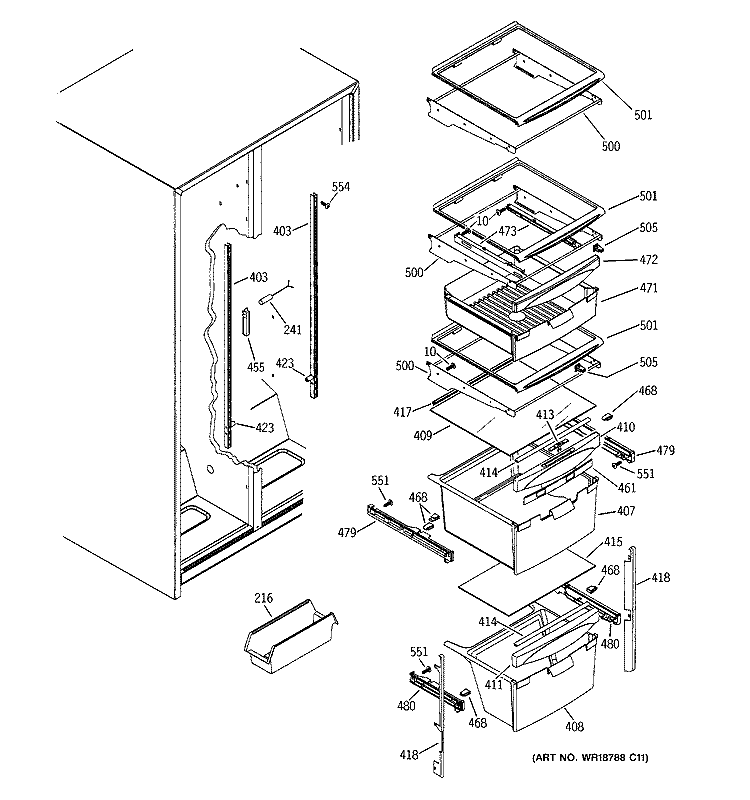 FRESH FOOD SHELVES Diagram and Parts List for GSS22WGMCCC  General Electric Refrigerator