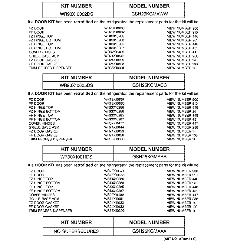 REPLACEMENT PARTS LIST Diagram and Parts List for GSH25KGMACC  General Electric Refrigerator