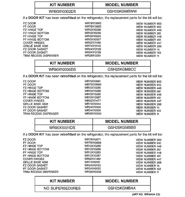 REPLACEMENT PARTS LIST Diagram and Parts List for GSH25KGMBCC  General Electric Refrigerator