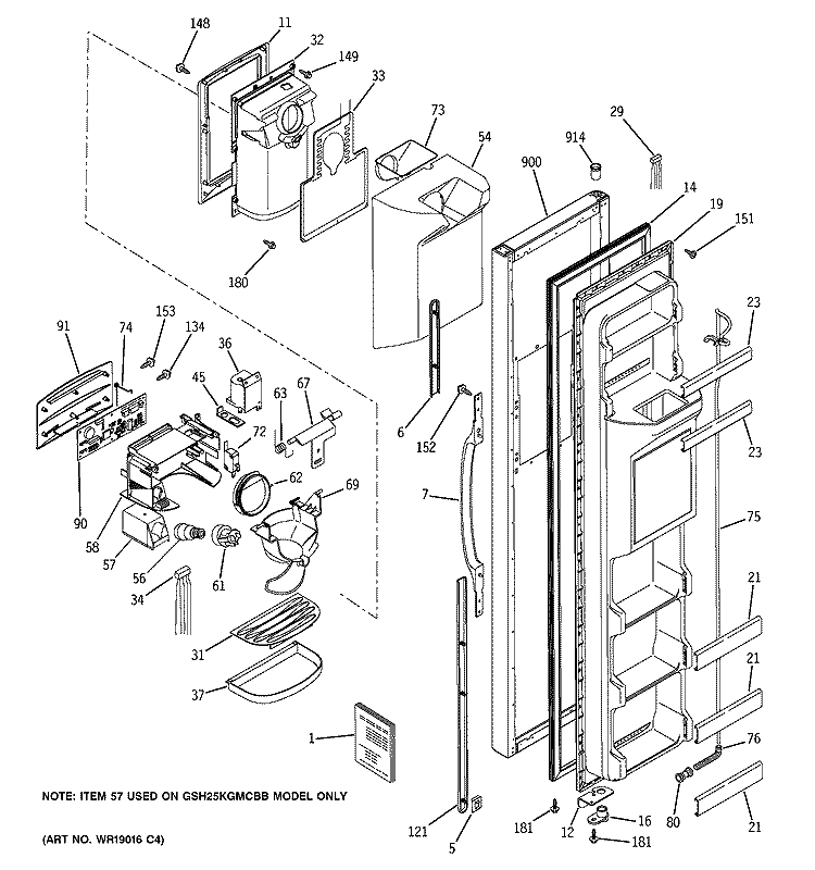 FREEZER DOOR Diagram and Parts List for GSH25KGMCWW  General Electric Refrigerator